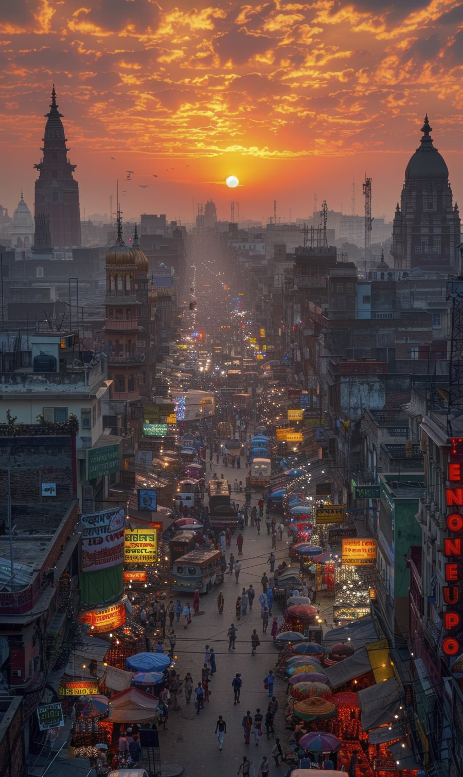 Temple spires above a crowded old city street as the sun sets down its length